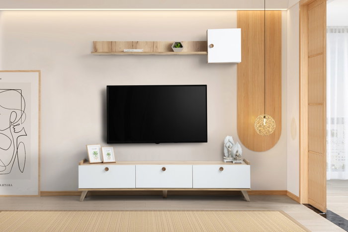 Hanah Home E4020 Mueble TV Escandinavo Roble y Blanco 178x34.6x44.8cm Elegancia Funcional